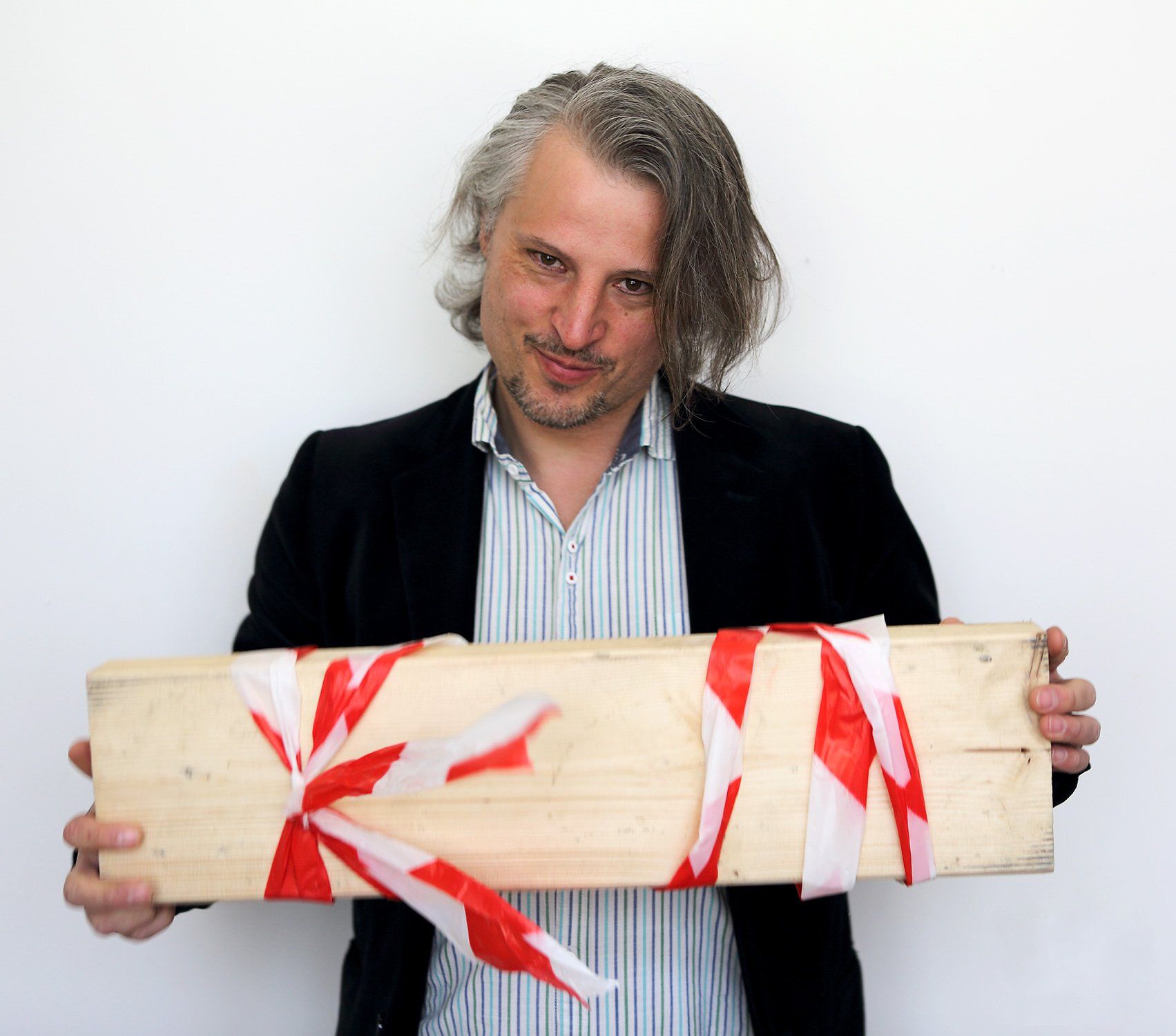 „Barrier Tape Art Sculpture No. 1“ by inventor of Barrier Tape Art, Sebastian Bieniek (B1EN1EK), 2020. Barrier Tape on wood. 63 cm. x 16 cm. x 6 cm. „Barrier Tape Art Sculpture No. 1“ by inventor of Barrier Tape Art, Sebastian Bieniek (B1EN1EK), 2020. Barrier Tape on wood. 63 cm. x 16 cm. x 6 cm.