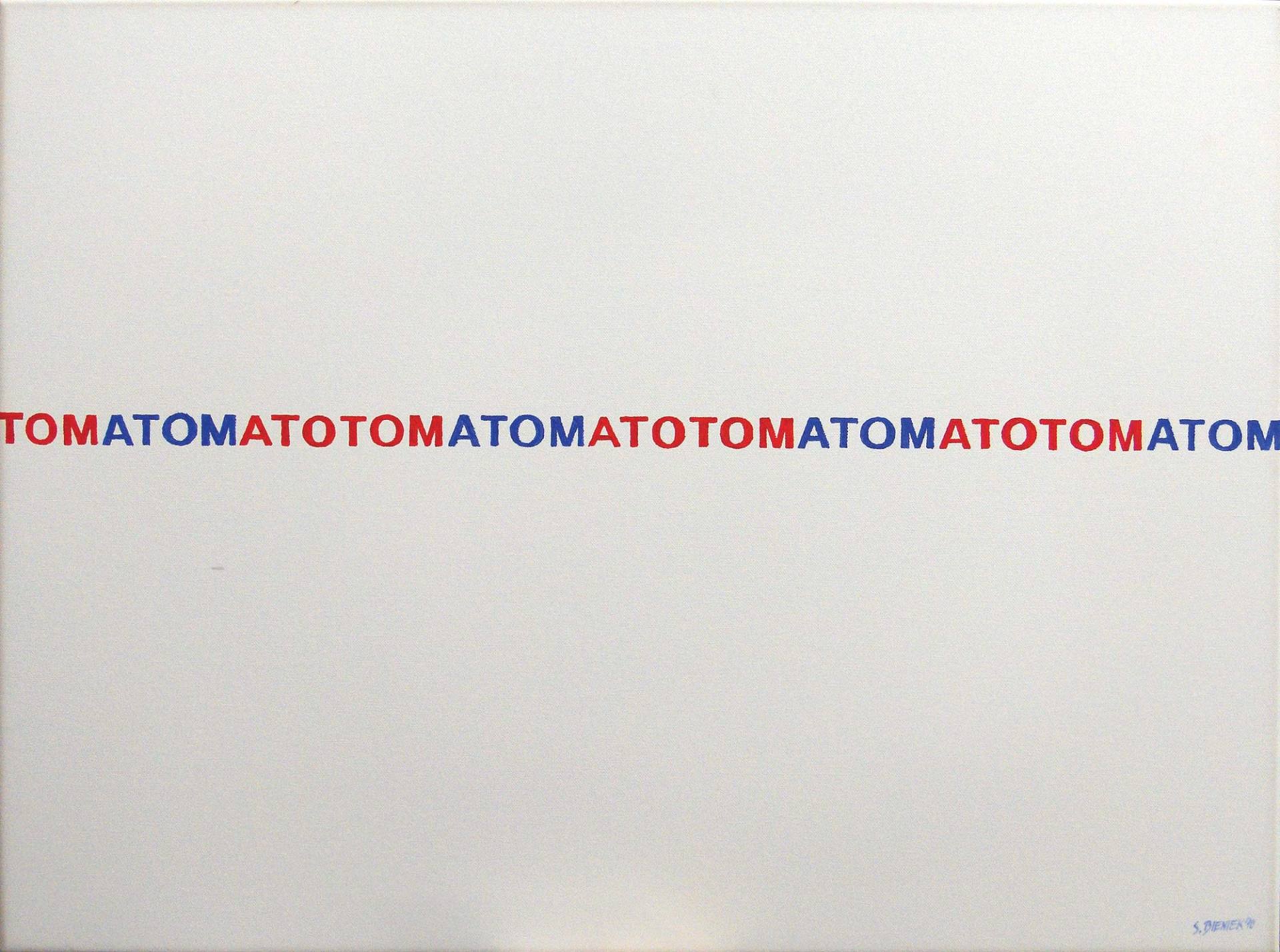 „Tomatomtom“ by Sebastian Bieniek (B1EN1EK), 2010. Oil on canvas. 80 cm. x 60 cm. Word painting from the Bieniek-Text oeuvre. Series of   „Tomatomtom“ by Sebastian Bieniek (B1EN1EK), 2010. Oil on canvas. 80 cm. x 60 cm. Word painting from the Bieniek-Text oeuvre. Series of
