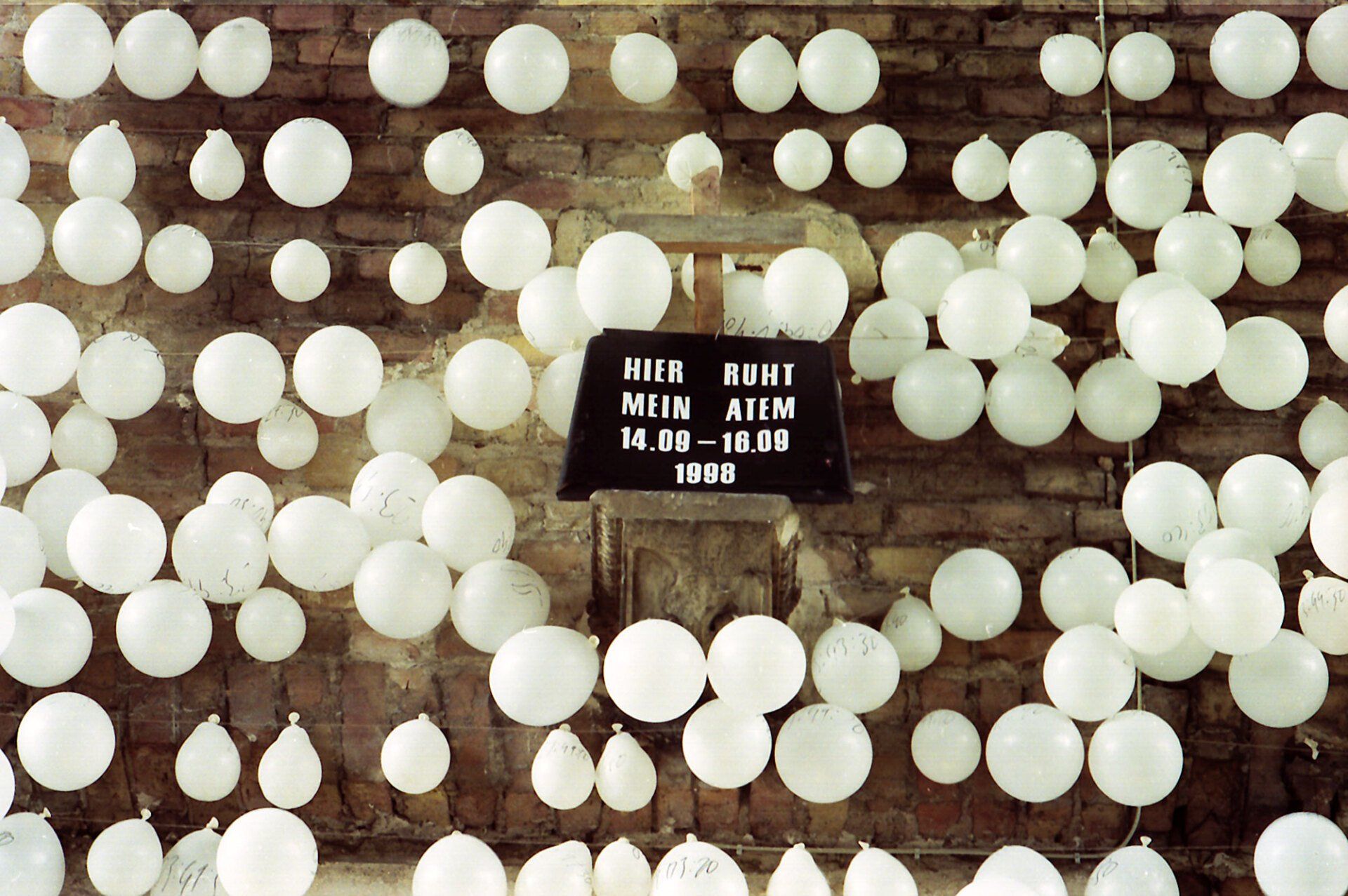 Installation. 5000 white balloons. On each of the balloons, Sebastian Bieniek wrote down the sec., Min., Hour and date when it was inflated. Exhibited at the Museum der Charitè, Berlin (1998)