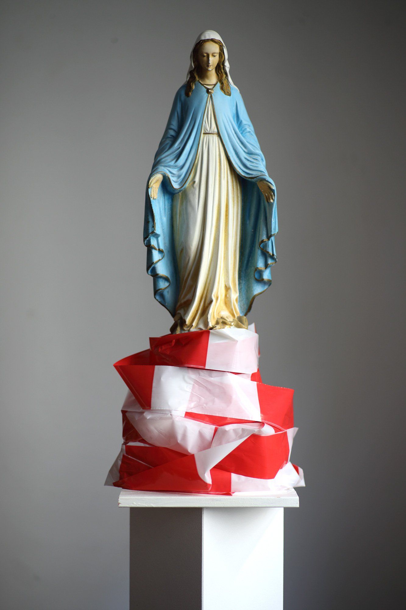 „Barrier Tape Madonna“ (also „Barrier Tape Object No. 8“) by Sebastian Bieniek (B1EN1EK), the inventor of „Barrier Tape Art“. Created in may 2020. Size: 82 cm. x 50 cm. x 29 cm. „Barrier Tape Madonna“ (also „Barrier Tape Object No. 8“) by Sebastian Bieniek (B1EN1EK), the inventor of „Barrier Tape Art“. Created in may 2020. Size: 82 cm. x 50 cm. x 29 cm.