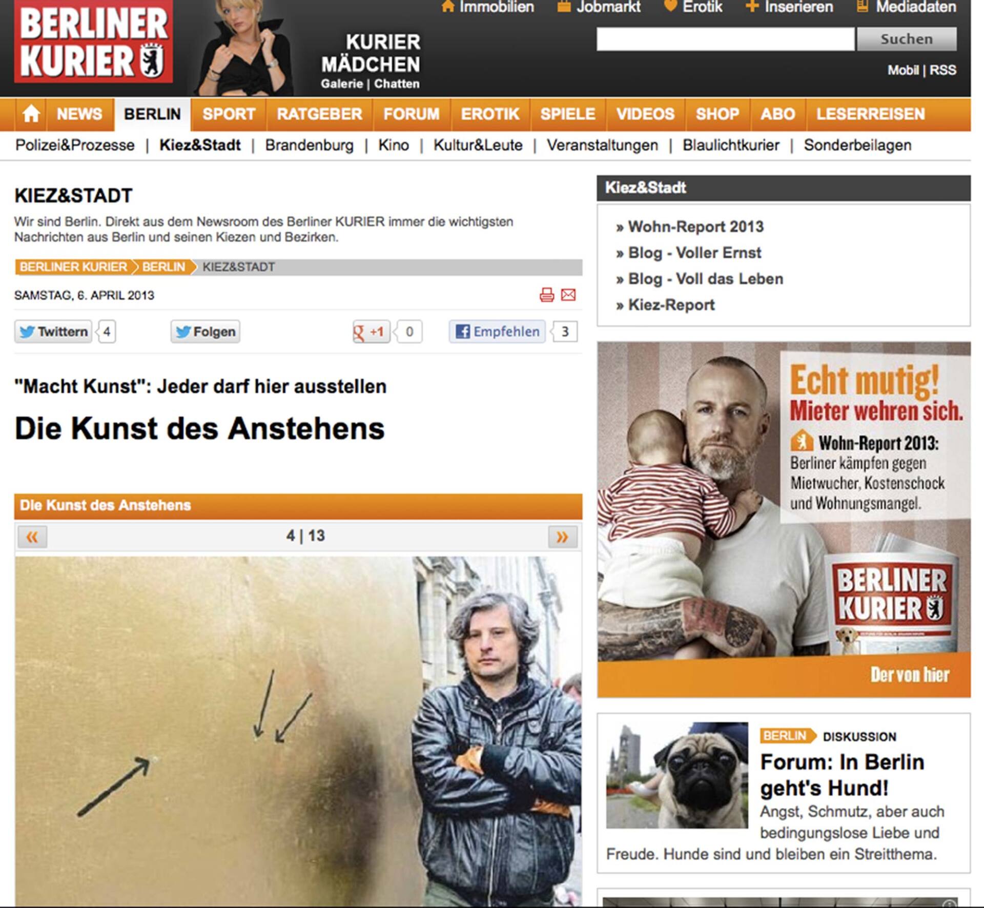 Berliner Kurier, 2013 on Sebastian Bieniek's performance in front of the Deutsche Banke Kunsthalle. Berliner Kurier, 2013 on Sebastian Bieniek's performance in front of the Deutsche Banke Kunsthalle.