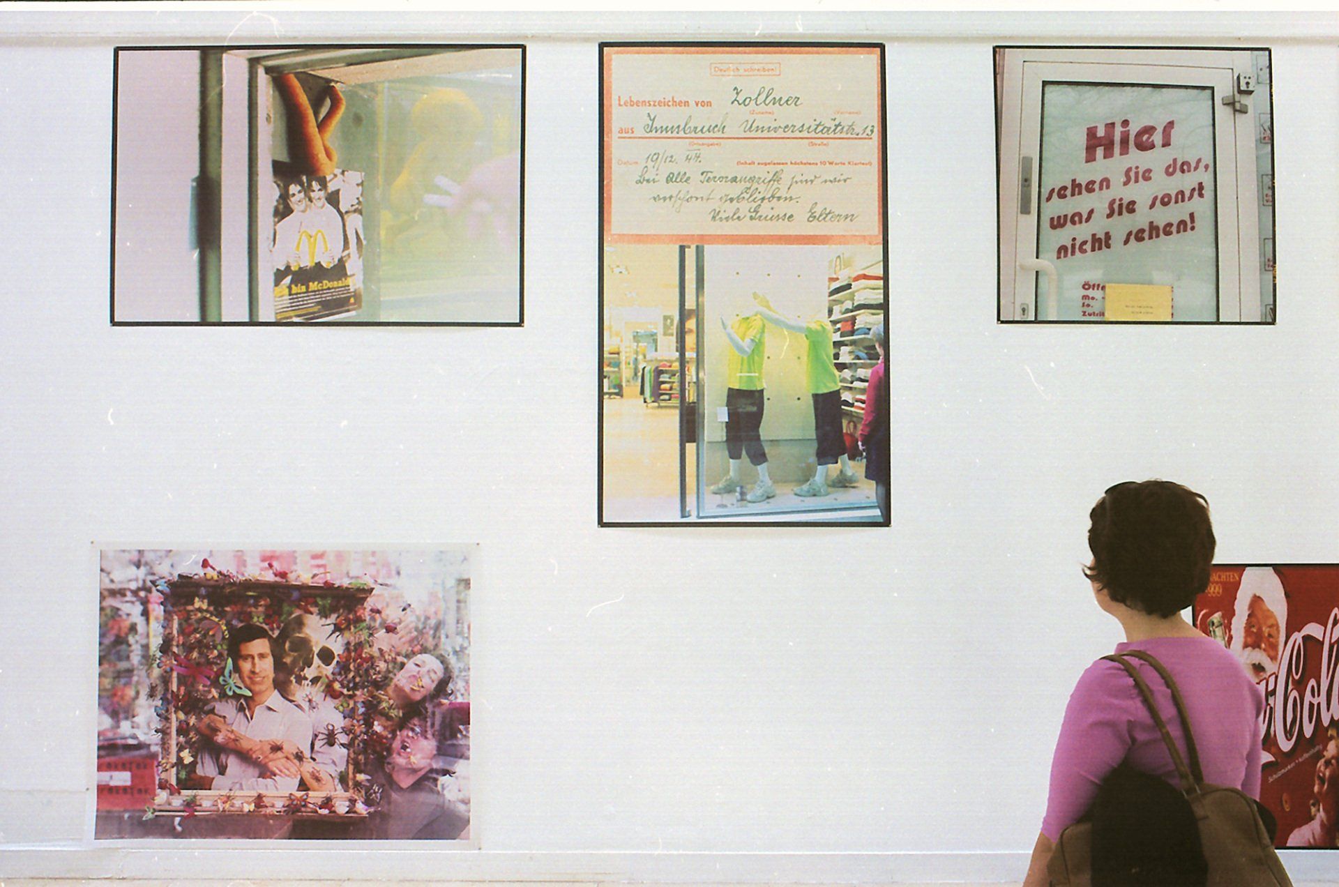 Sebastian Bieniek's Meisterschülerausstellung (Doploma-Exhibition), University of Arts, Berlin, 2002. This photographs were cutted by his mother in pieces and overpainted with flowers in 2012.