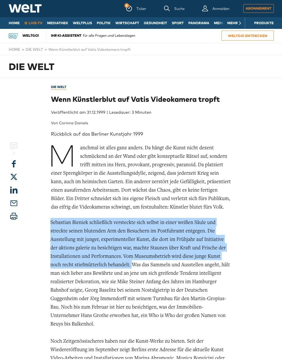 Sebastian Bieniek Performance, 1999, Hand without a Body, blutsäule, blutet, Festival der Jungen experimentellen Kunst, Postfuhramt Berlin, Blut, aufgeschnittene Hand, geritzt Sebastian Bieniek Performance, 1999, Hand without a Body, blutsäule, blutet, Festival der Jungen experimentellen Kunst, Postfuhramt Berlin, Blut, aufgeschnittene Hand, geritzt