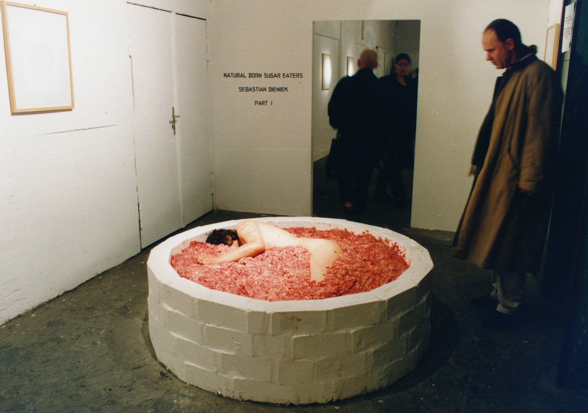 Sebastian Bieniek Performance, 1999, lying in half a ton of minced meat for three days. Kunthaus Tacheles, Berlin.