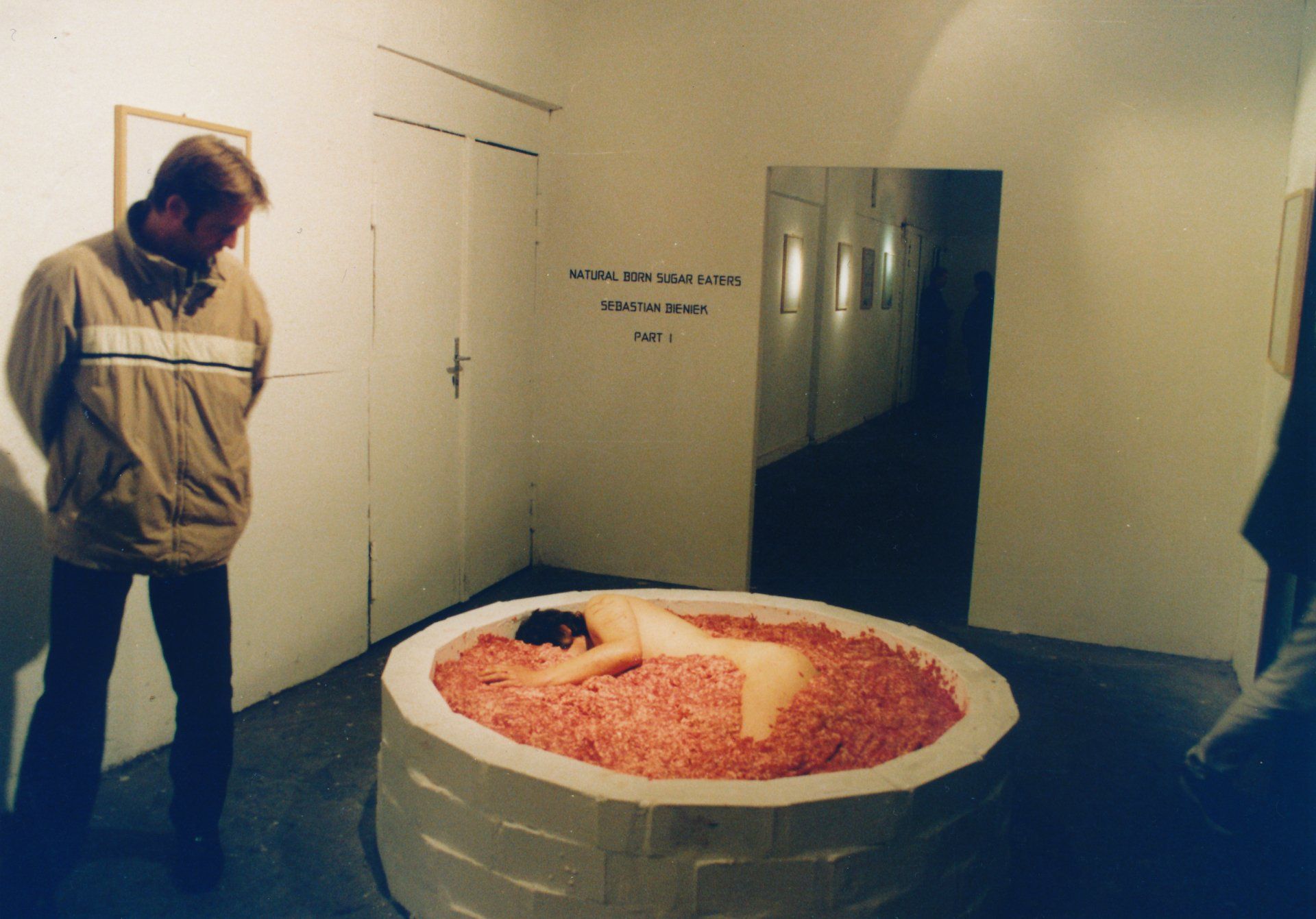 Sebastian Bieniek Performance, 1999, lying in half a ton of minced meat for three days. Kunthaus Tacheles, Berlin. Sebastian Bieniek Performance, 1999, lying in half a ton of minced meat for three days. Kunthaus Tacheles, Berlin.