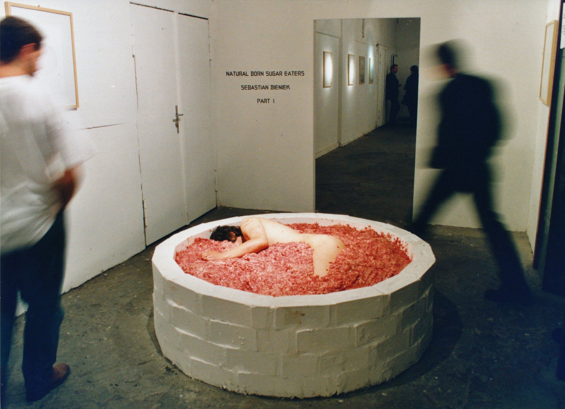 Sebastian Bieniek Performance, 1999, lying in half a ton of minced meat for three days. Kunthaus Tacheles, Berlin. Sebastian Bieniek Performance, 1999, lying in half a ton of minced meat for three days. Kunthaus Tacheles, Berlin.
