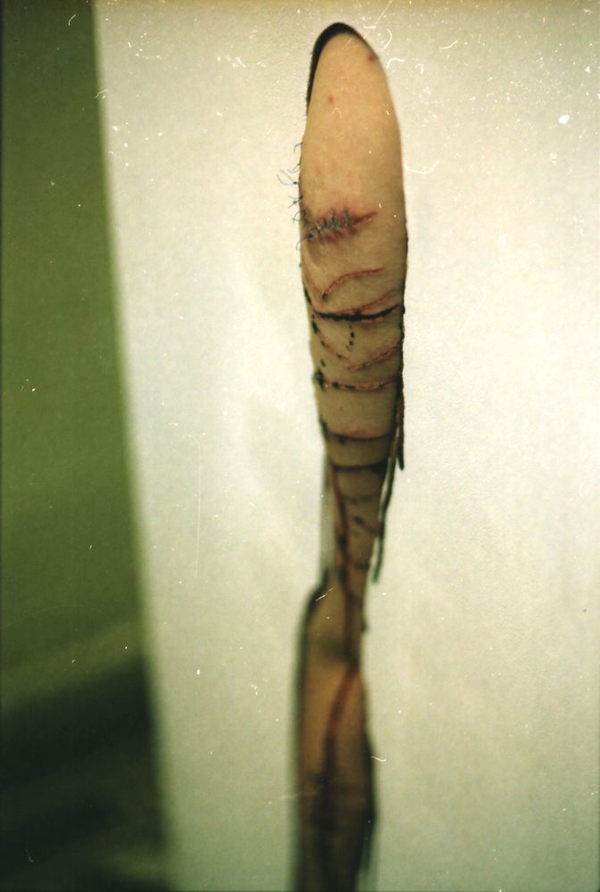 Sebastian Bieniek Performance, 1999, Hand without a Body, blutsäule, blutet, Festival der Jungen experimentellen Kunst, Postfuhramt Berlin, Blut, aufgeschnittene Hand, geritzt Sebastian Bieniek Performance, 1999, Hand without a Body, blutsäule, blutet, Festival der Jungen experimentellen Kunst, Postfuhramt Berlin, Blut, aufgeschnittene Hand, geritzt