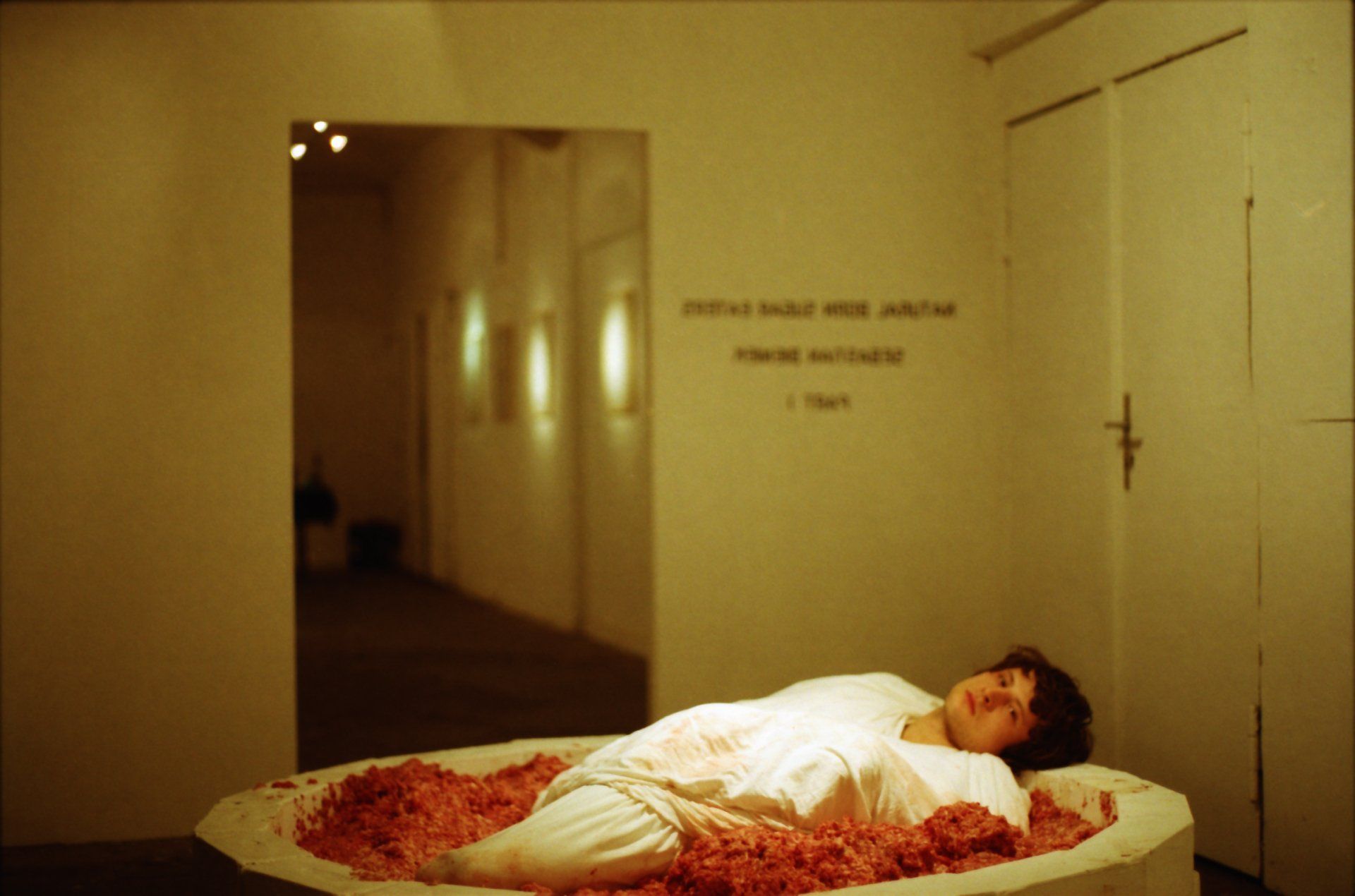 Sebastian Bieniek Performance, 1999, lying in half a ton of minced meat for three days. Kunthaus Tacheles, Berlin. Sebastian Bieniek Performance, 1999, lying in half a ton of minced meat for three days. Kunthaus Tacheles, Berlin.