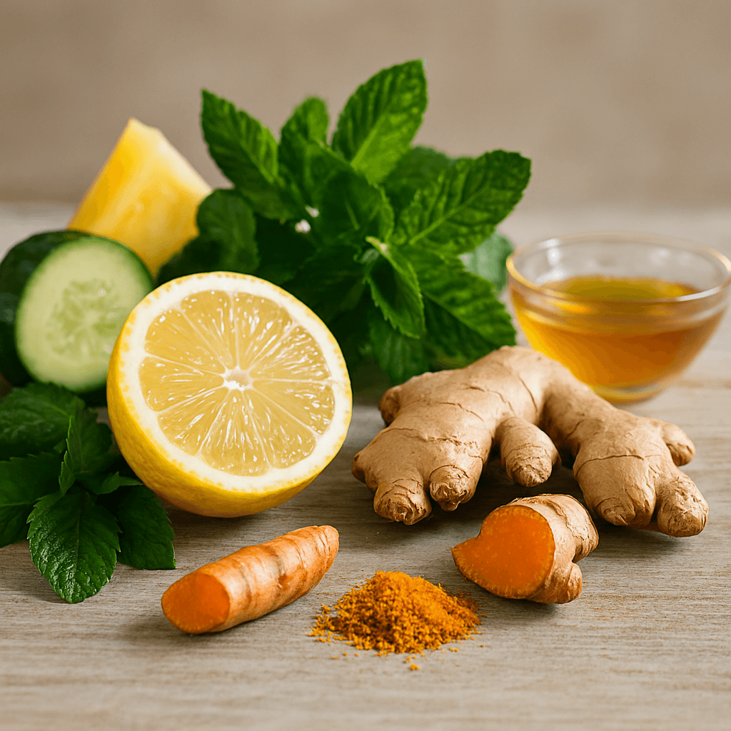 Ingrédients naturels du Boost Bar Zen & Fun : citron, gingembre, curcuma, pomme, ananas, menthe, basilic, orange, mangue, passion, concombre et épinard, sur une table en bois claire.