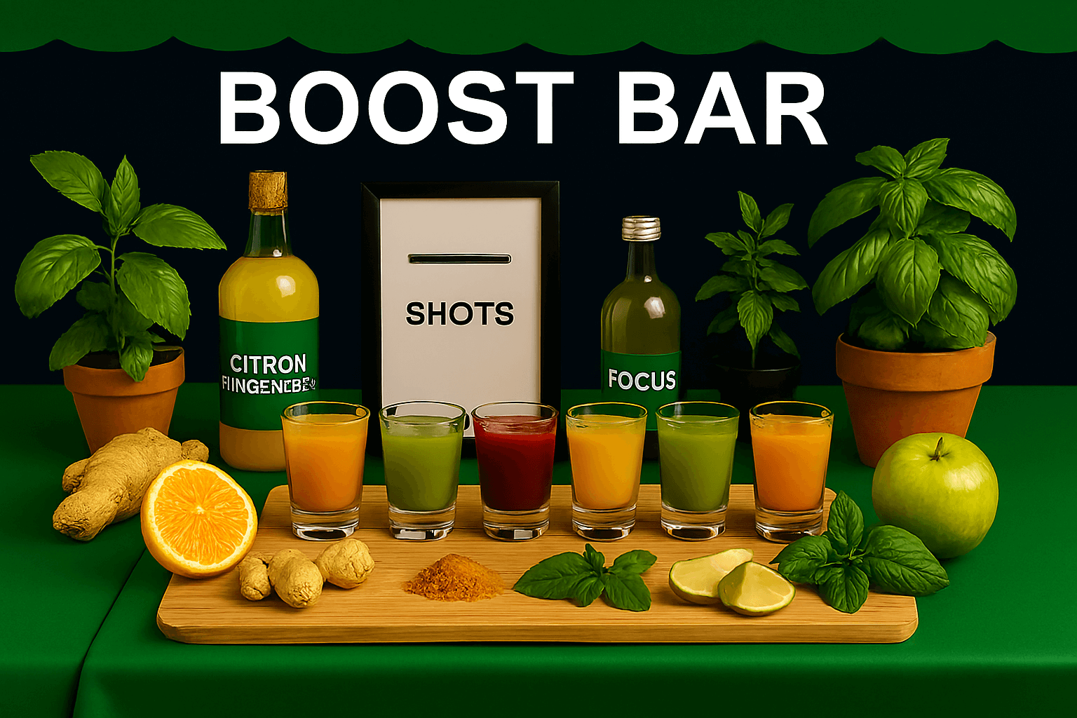 Table de présentation Zen & Fun pour le Boost Bar, avec nappe verte, verres de shots vitaminés alignés, ingrédients frais (citron, gingembre, menthe, basilic, kiwi, curcuma), bouteilles de jus naturels et plantes aromatiques. Ambiance bien être, animation entreprise, bar à shots énergétiques et sensoriels.