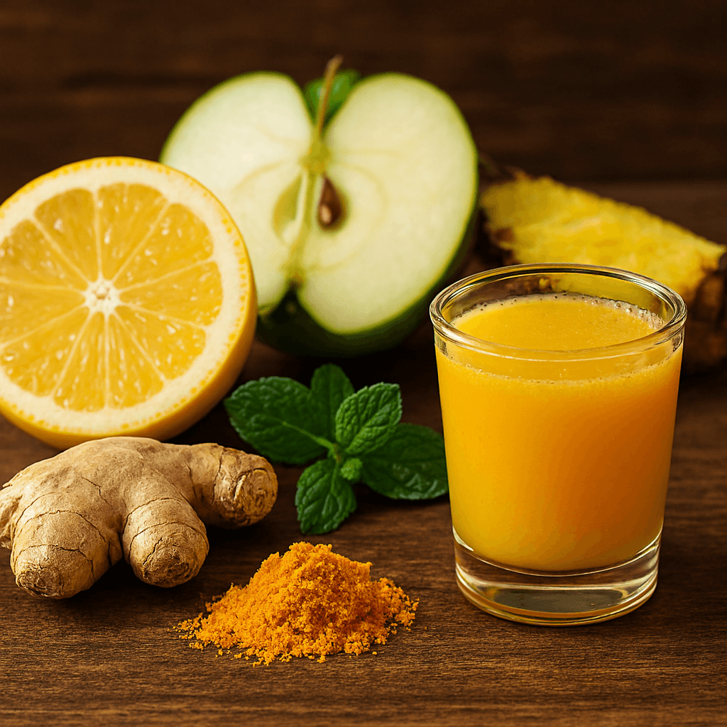 Verre de shot bien-être Zen & Fun, jaune orangé, entouré d’ingrédients frais comme citron, gingembre, pomme, ananas, menthe et curcuma, posé sur une table en bois clair.