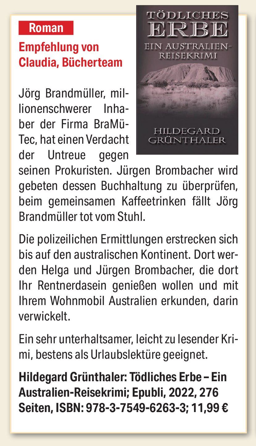 Buchempfehlung Tödliches Erbe - Ein Australien-Reisekrimi Buchempfehlung Tödliches Erbe - Ein Australien-Reisekrimi