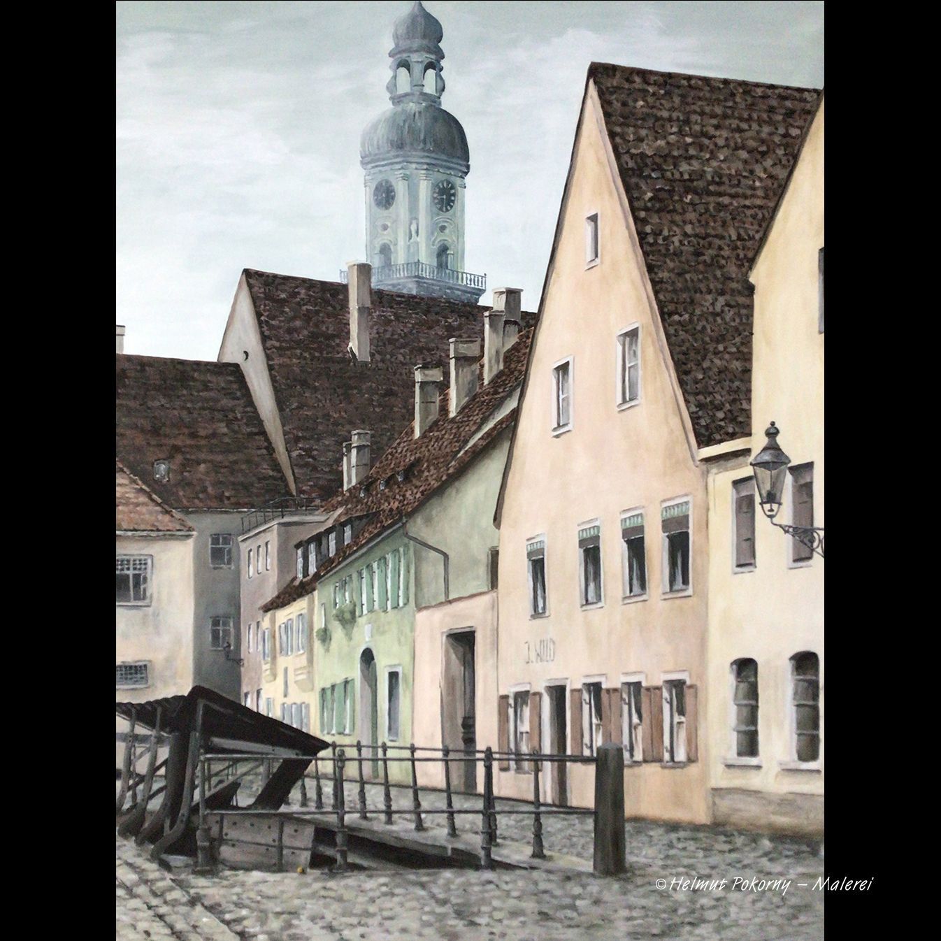 Freising Fischergasse Holzreusen Ansichten Erinnerungen Stadtmalerei Postkartenmotiv Romantikmotiv Gegenständliche Malerei Vergänglichkeit