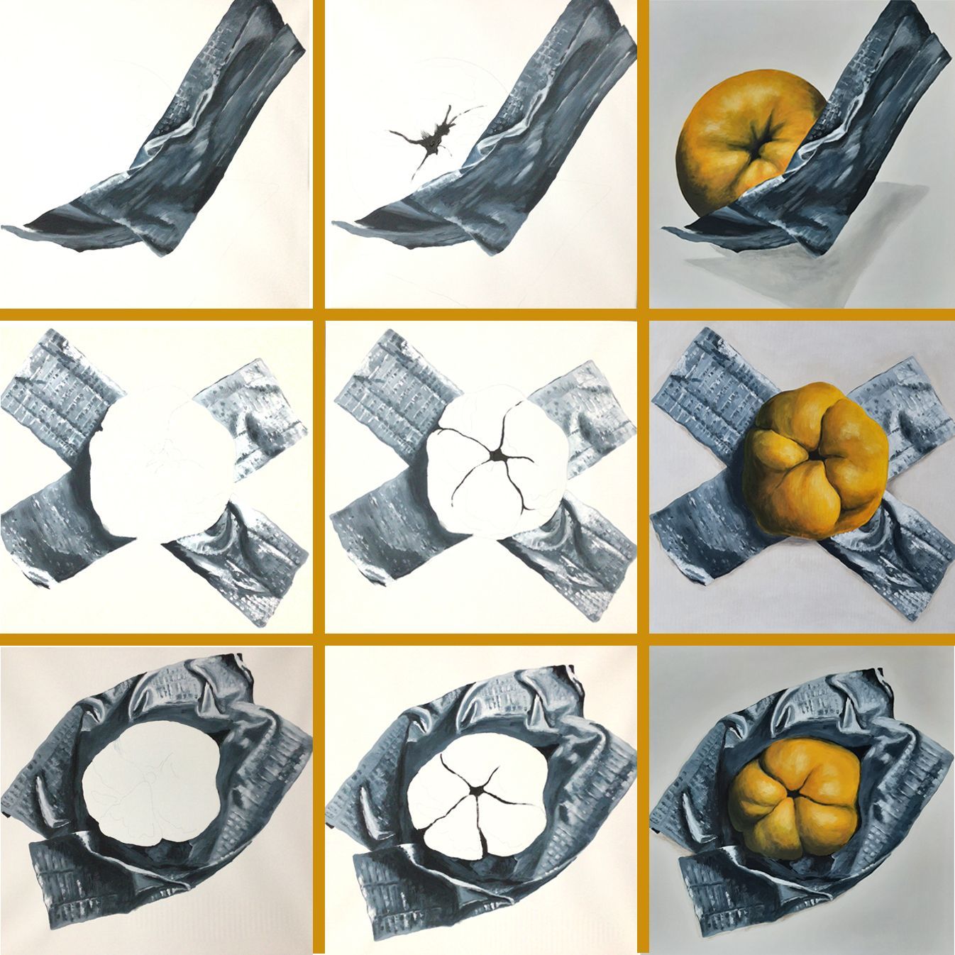 Quitten Klebeband Hommage an Maurizio Cattelan Gelb Grau Helmut Pokorny Malerei Acryl kleines Format Leinwand Banane