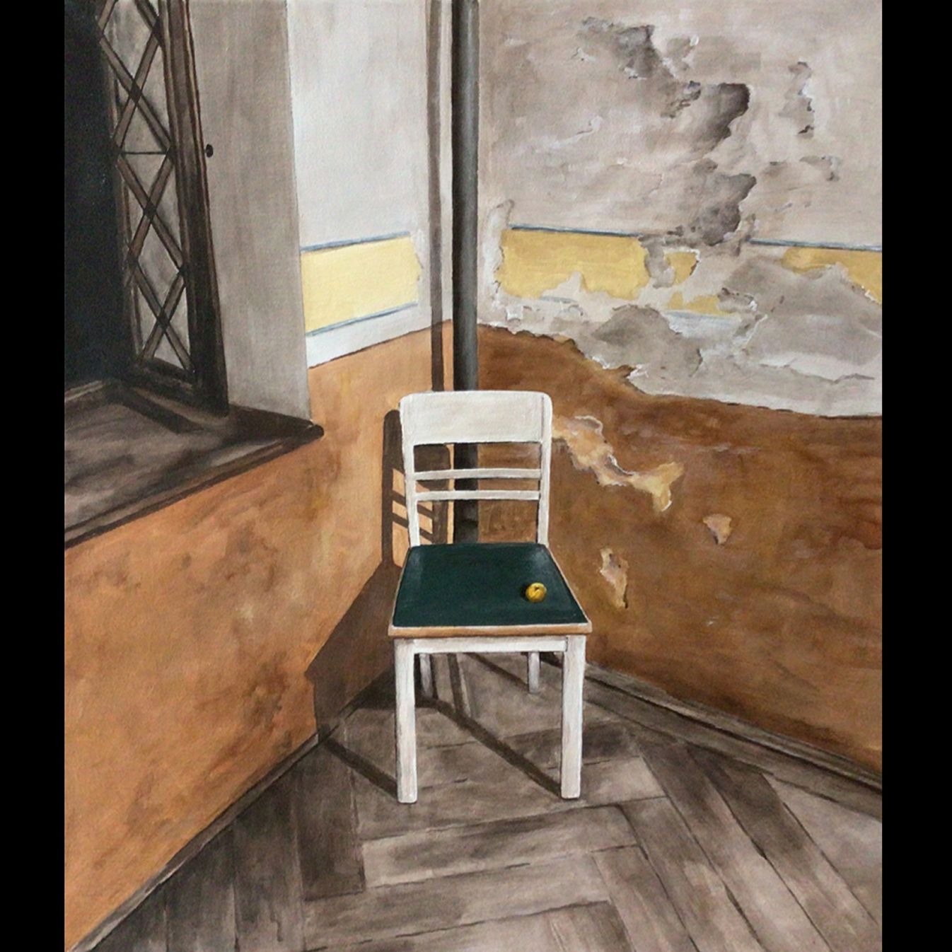 Stuhl Schulzeit Treppenhaus abgeblätterte Farbe Fenster kleine Quitte Acrylfarbe Helmut Malerei