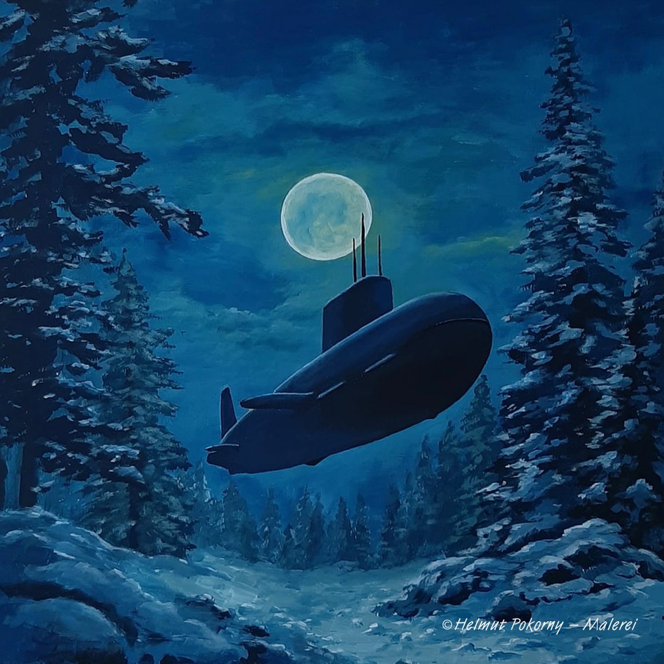 U-Boot Winterwald KI Helmut Pokorny Malerei Acryl Blautöne Traum Landschaft
