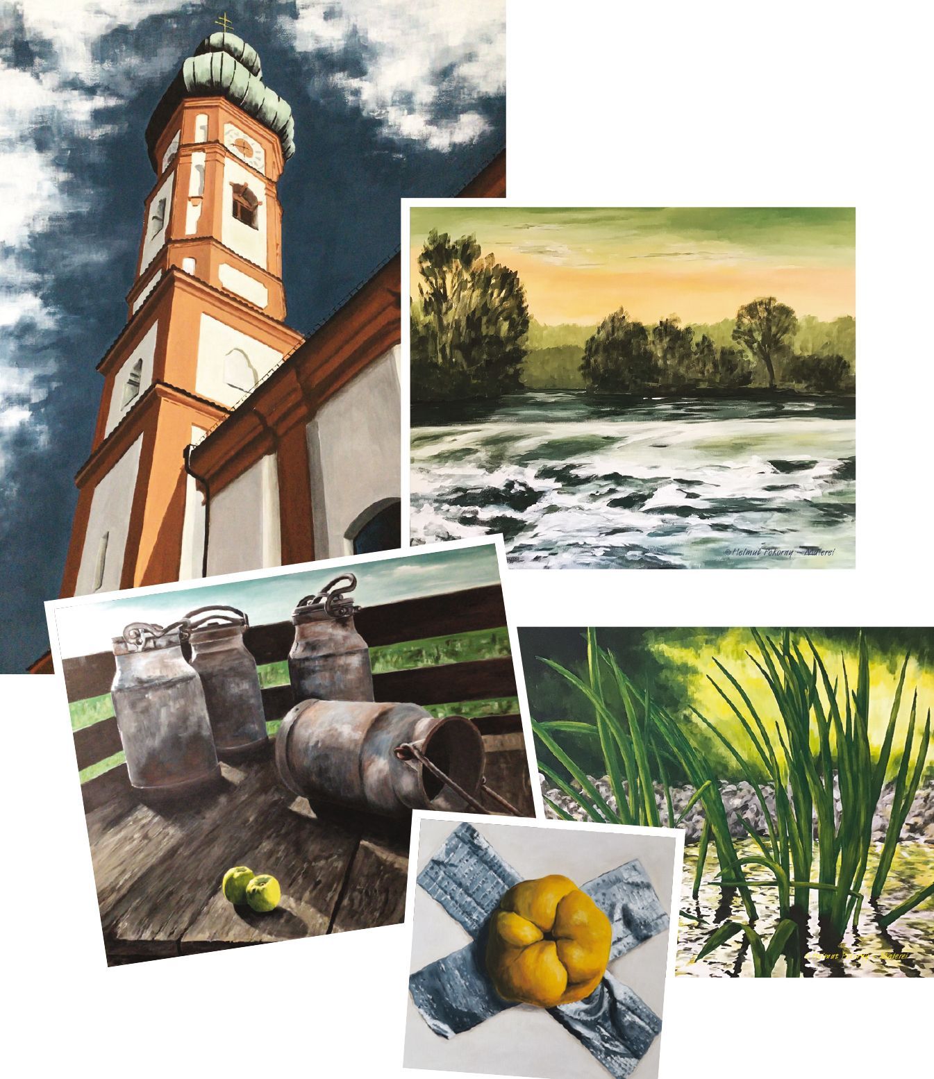 Gemälde Bilder Milchkannen Landschaft Romantik Quitten mystischer Realismus Dorf Kirchturm Kirchdorf