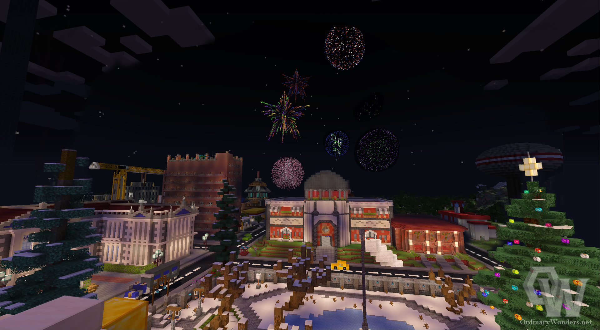 Screenshot of OrdinaryWonders city during the New Years firework show.