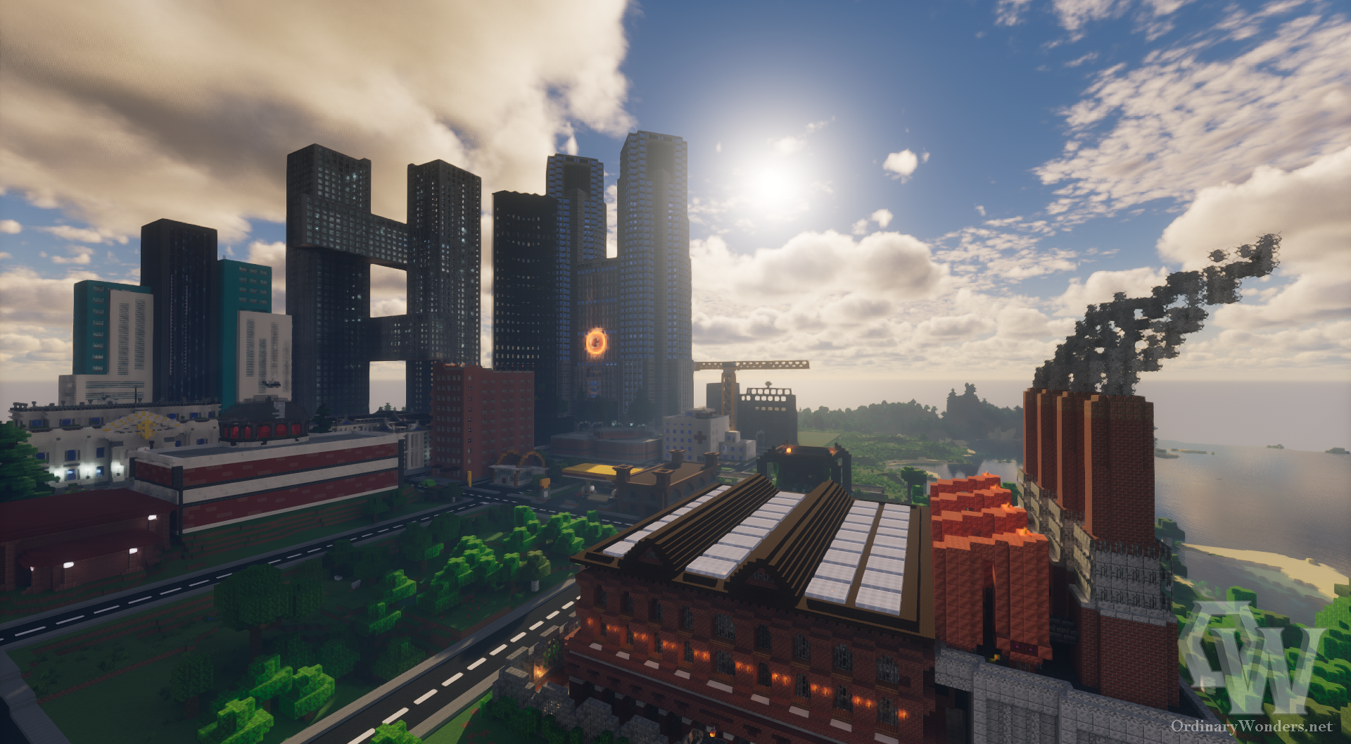 Screenshot of OrdinaryWonders city. Power plant, post office, bank and skyscrapers.