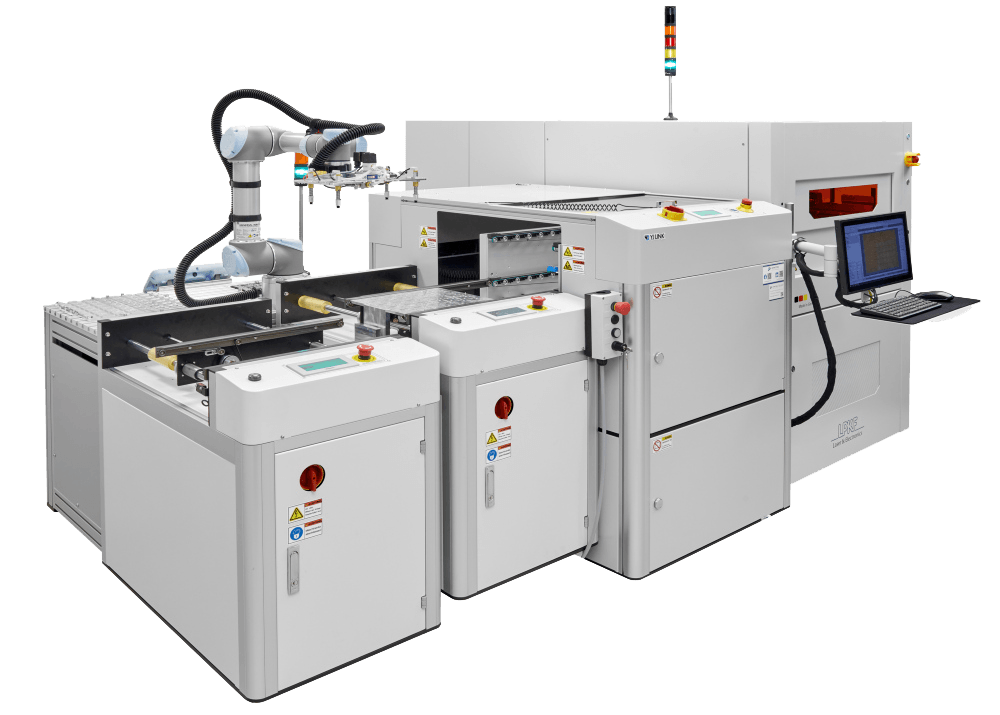 Picture of an laser depanling island solution with LoadingMaster 1000 and CuttingMaster