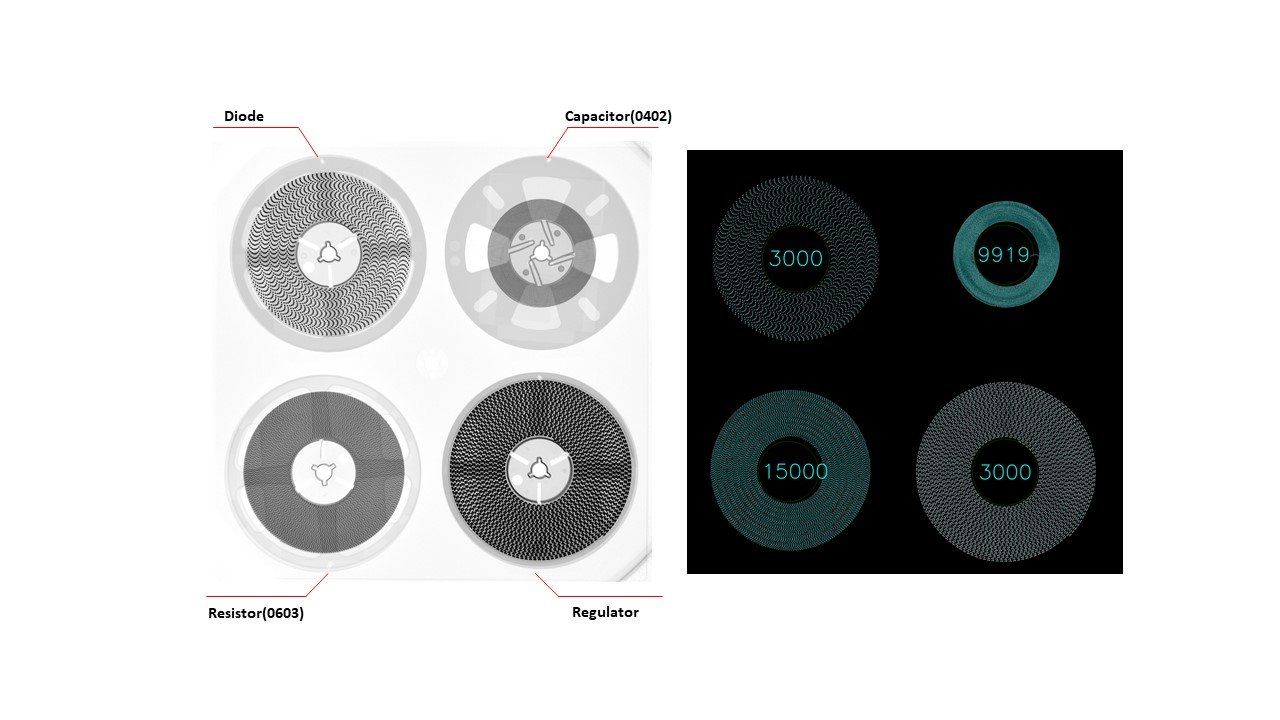 Röntgen-Bauteilzählung: Röntgenbilder und Zählergebnisse von 4 Rollen nebeneinander