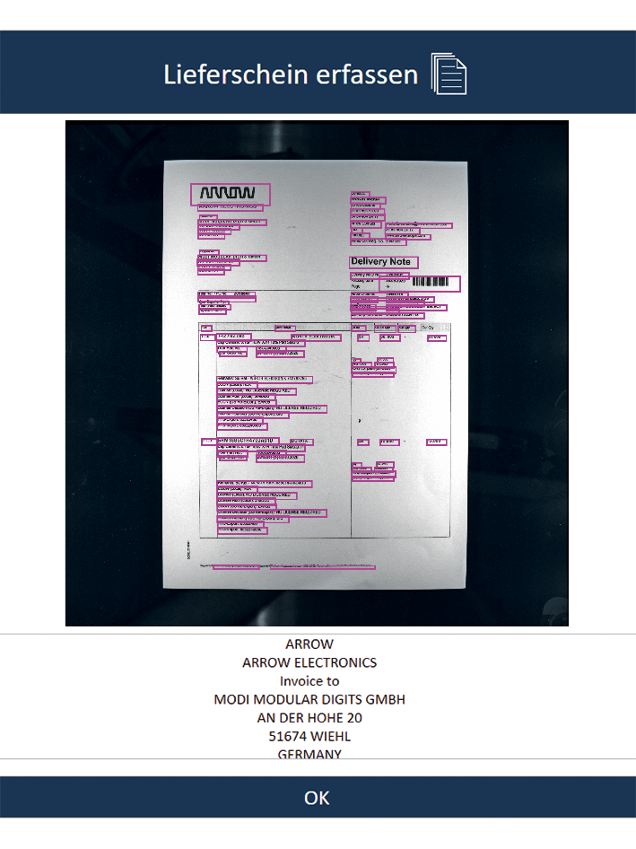 Image of a document in which text parts are automatically recognized