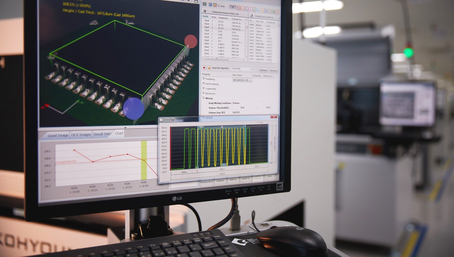 Photo of AOI Monitor: Screen shows 3D component measurement