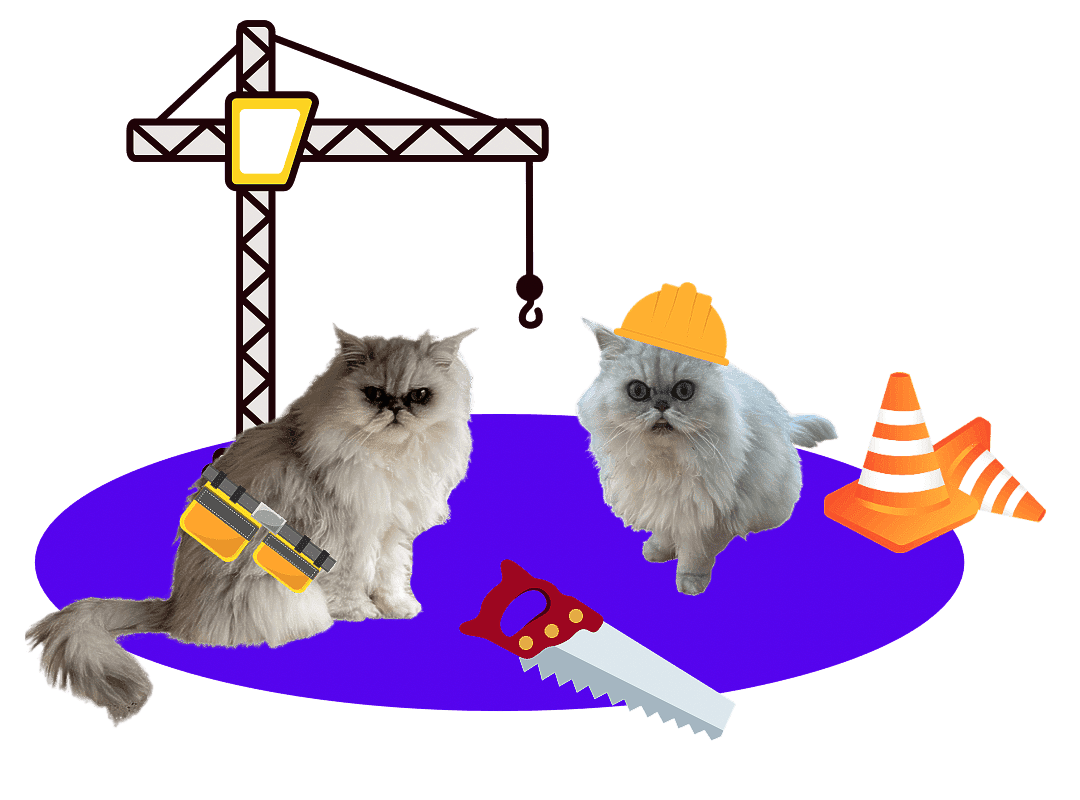 Ein blaues Oval, auf dem Blair und Charlie stehen. Die beiden weißen Perserkatzen von Alina. Charlie trägt einen Bauhelm Blair einen Werkzeuggürtel. Hinter ihnen steht ein Kran. Neben ihnen liegen eine Säge und eine Wasserwage.