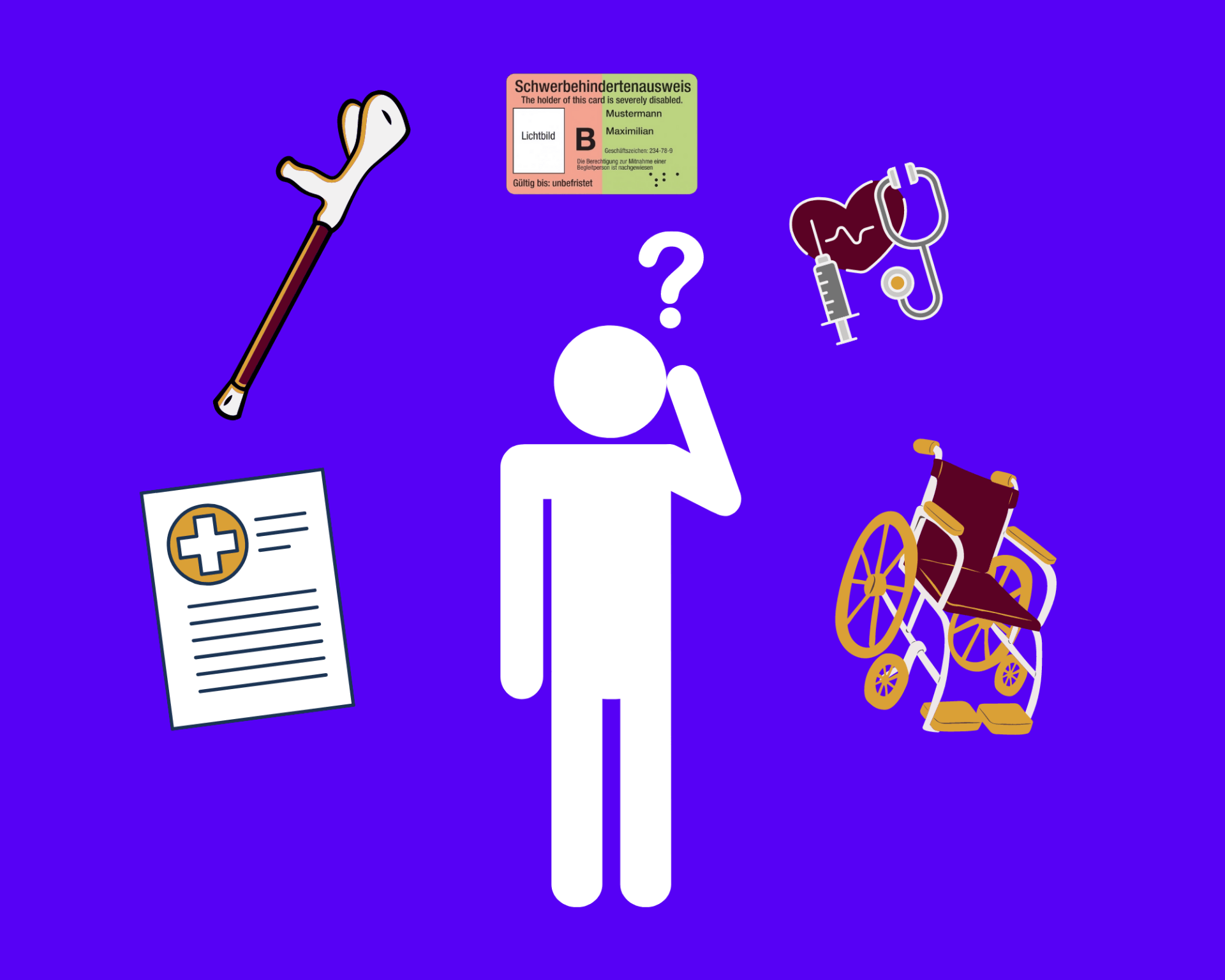 Blauer Hintergund in der Mitte ist eine einfache weiße Figur einer Person die sich an den Kopf fasst. Über dem Kopf ist ein Fragezeichen. Um die Person hermum sind eine Krücke, ein Rollstuhl, eine Spritze und ein Stetoskop, medizinische Unterlagen und ein Schwerbehindertenausweis angeordnet.