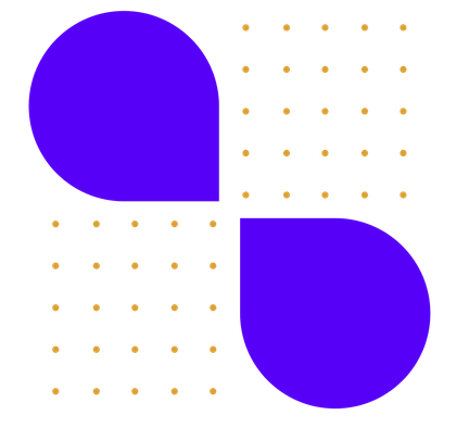 Eine dekorative Grafik. Zwei blaue Tropfen, die mit den Spitzen zueinander stehen. Daneben gelbe Punkte.