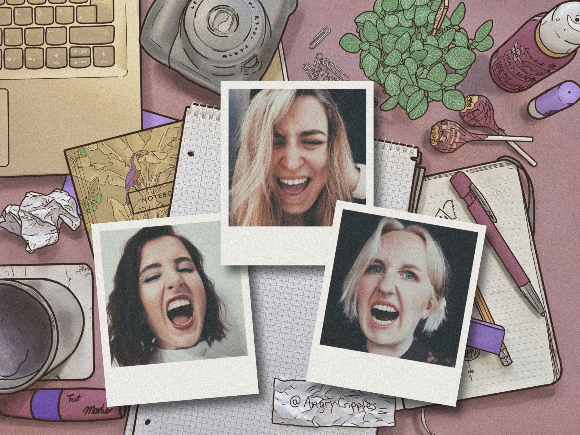 Zeichnung in Vogelperspektive von einem Tisch mit Laptop, Polaroid Kamera, einer Pflanze Papier und Stiften und Kram. In der Mitte drei Polaroids von Alina, Luisa und Evilina, drei weißen Frauen, auf denen sie wütend schreien.