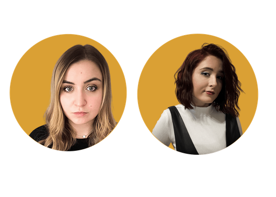 Drei Kreise in einem grellen blau. Darin Fotos der drei Gründer*innen. Im ersten Kreis ist Evilina, eine weiße FLINTA* Ende 20 mit langen dunkelblonden Haaren, wobei die vorderen Strähnen weißblond sind. Sie trägt ein ärmelloses schwarzes Top, ein Septum-Piercing in der Nase und eine braune runde Brille. Sie schaut neutral in die Kamera. Im zweiten Kreis ist Alina, eine weiße Frau Ende 20 mit mittellangen braun/blonden Haaren. Sie trägt ein schwarzes Oberteil und eine silberne Kette. Sie schaut neutral in die Kamera. Und im dritten Kreis ist Luisa, eine weiße Frau Mitte 20 mit dunkelroten welligen Haaren, die ihr knapp bis zu den Schultern gehen. Sie trägt einen weißen Rollkragenpullover und ein schwarzes Kunstleder-Kleid mit breiten Trägern darüber. Sie hält einen Arm angewinkelt und schaut neutral in die Kamera.