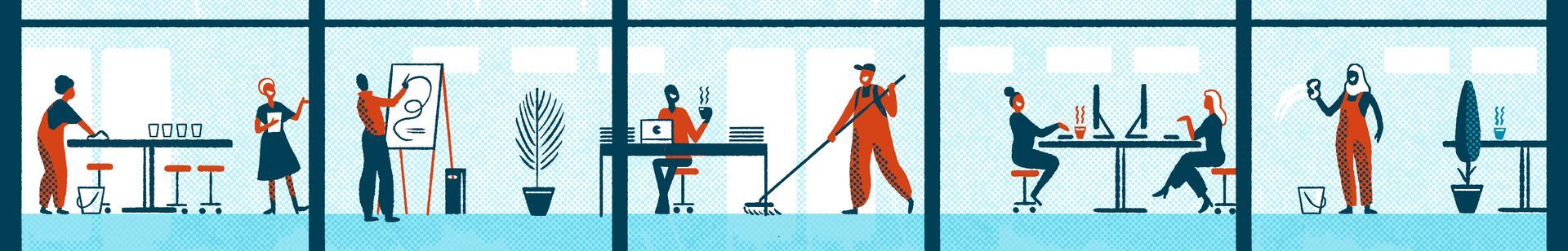 Tagesreinigung bedeutet, dass sich Reinigungskräfte und Gebäudenutzer:innen bei der Arbeit begegnen.