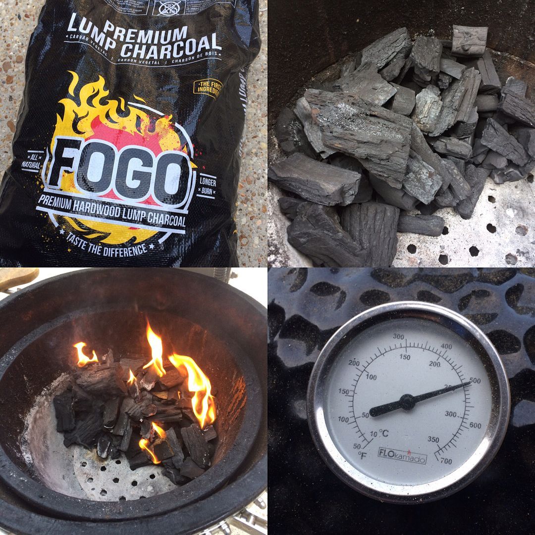 FOGO Premium Lump Charcoal bag and fire inside kamado grill