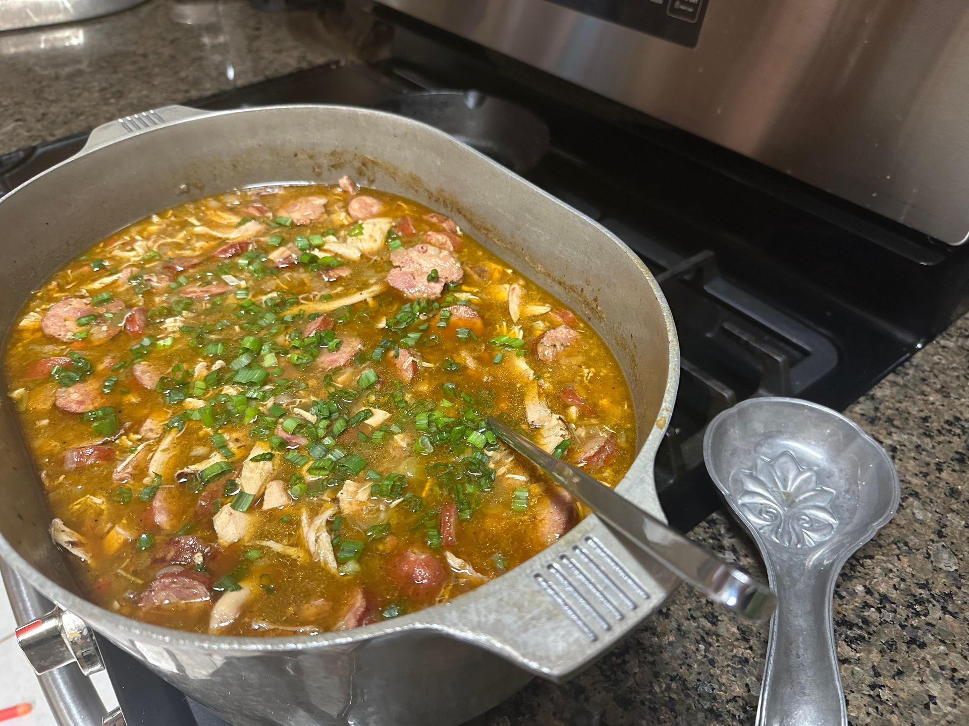 low carb gumbo in magnalite pot on gas range