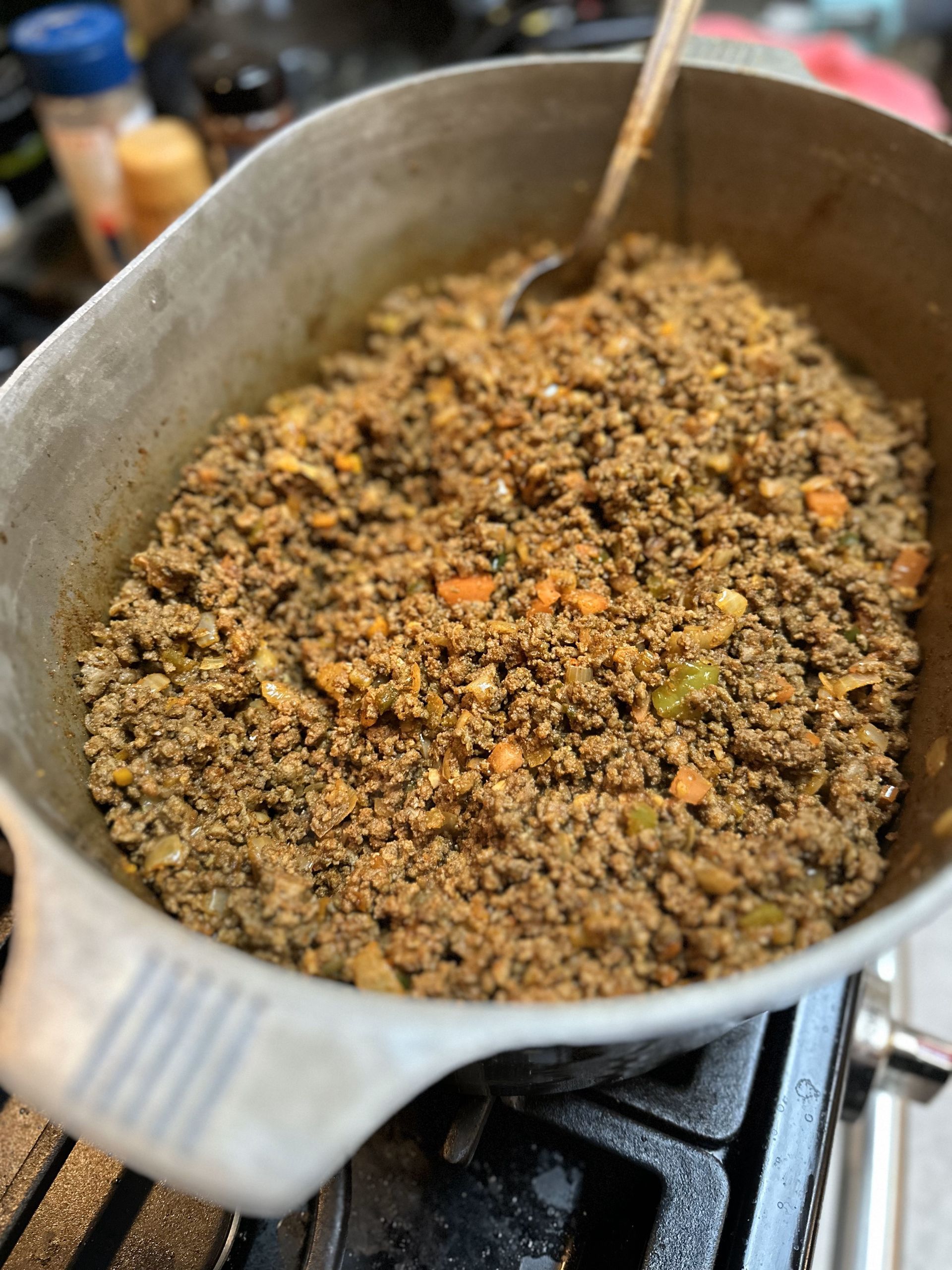 homemade ground beef taco meat in a magnalite pot