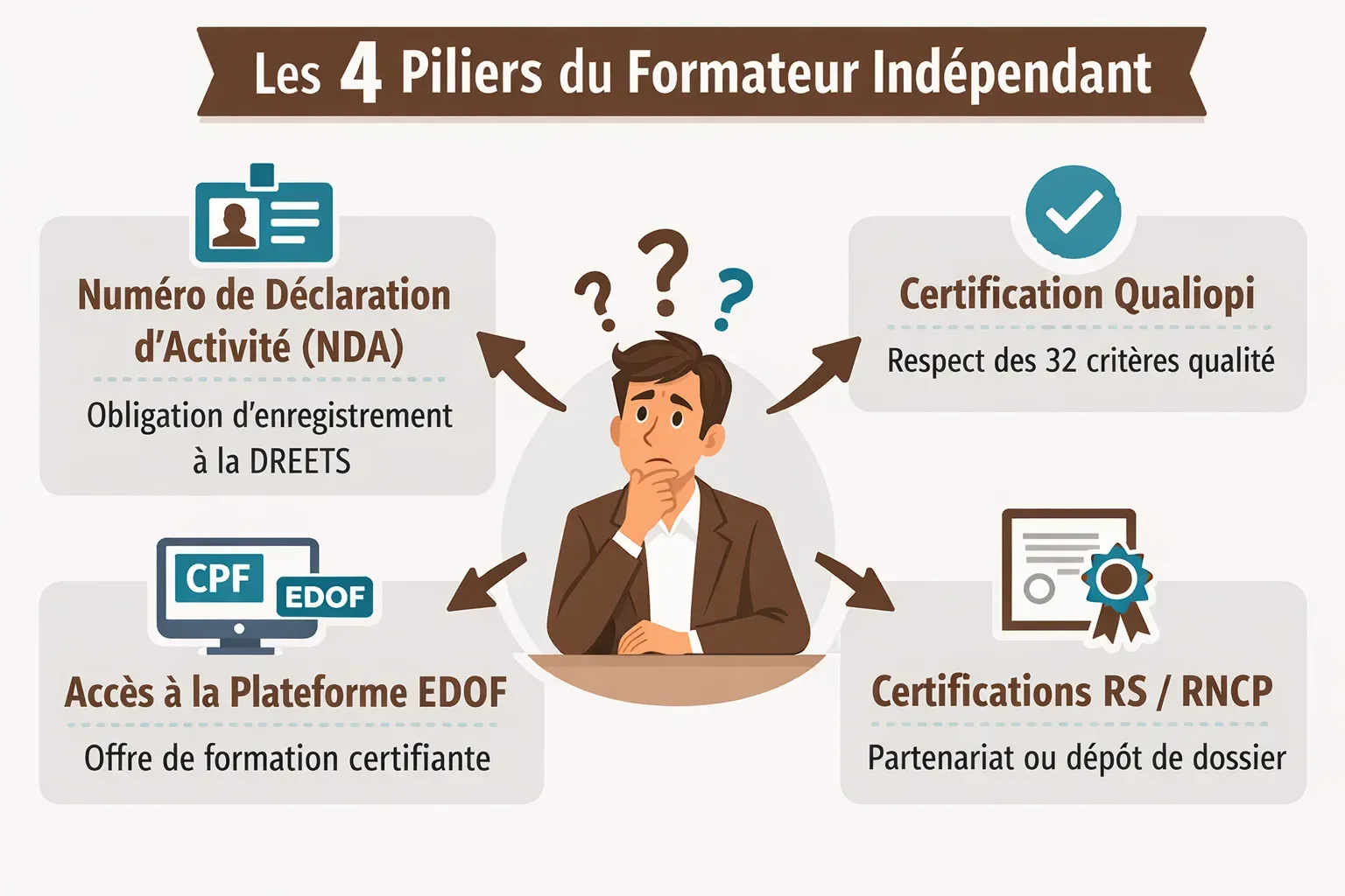 Infographie présentant les quatre piliers administratifs du formateur indépendant : Numéro de Déclaration d’Activité (NDA) auprès de la DREETS, certification Qualiopi, accès à la plateforme EDOF pour le CPF et certifications RS ou RNCP via partenariat ou dépôt de dossier.