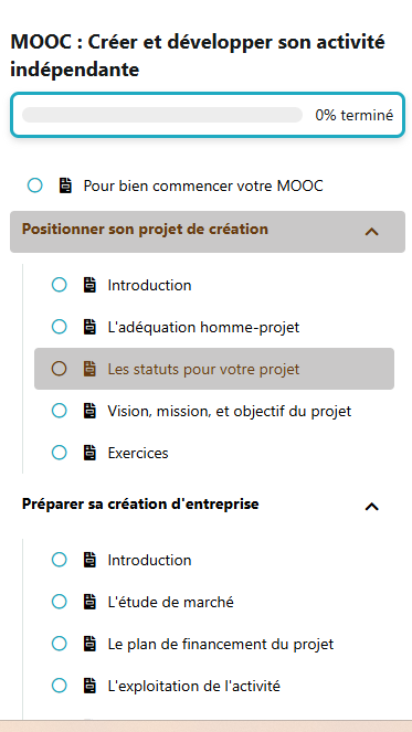 programme du MOOC créer et développer son activité indépendante