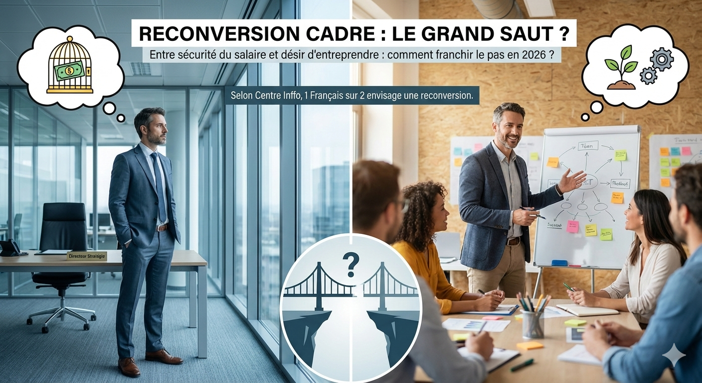 Infographie montrant le dilemme d'un cadre entre la sécurité du salariat et la création d'une entreprise de formation en 2026.