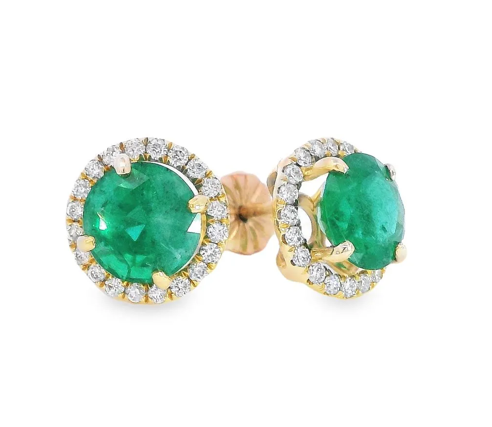 2.50ct African Emerald and Diamond Halo Earrings 14k | Custom Gemstone Jewelry by David Porter Jewelry