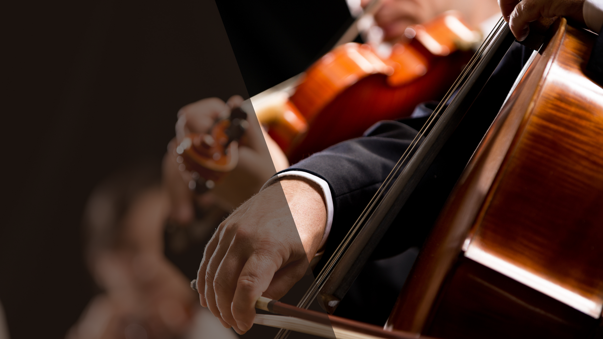 String section players in an orchestra playing orchestral music and film scores