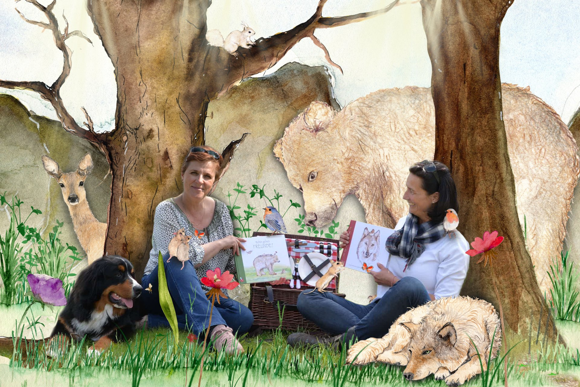 Cornelia Wiesner Nicola Rakutt mit WolfsRudel vor Baum mit Hund, Webshop online