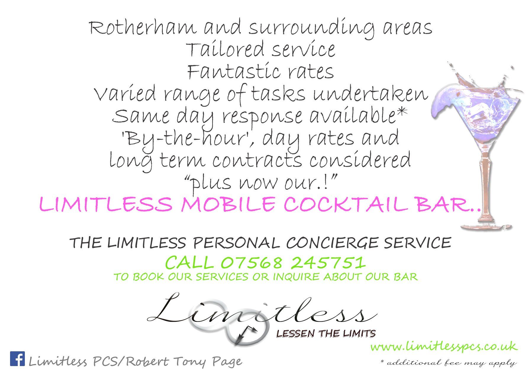 A first for Rotherham and surrounding areas, tailored service, fantastic rates, varied range of tasks undertaken, same day response available*, 'by-the-hour' and long term contracts considered, and now our fantastic, one of a kind, mobile cocktail bar service for private hire and parties.