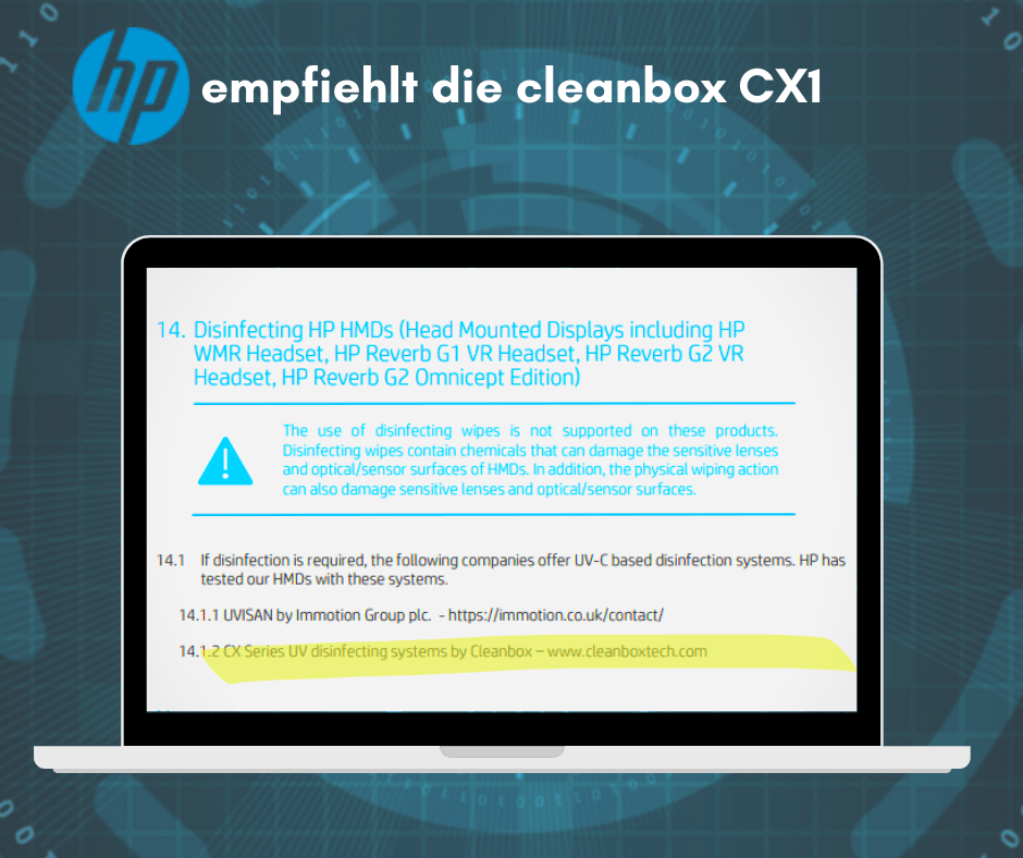 HP empfiehlt zur Desinfektion der HP Reverb die CX1 von cleanbox. Und erhältlich ist diese bei kabetec als offiziellem Reseller...