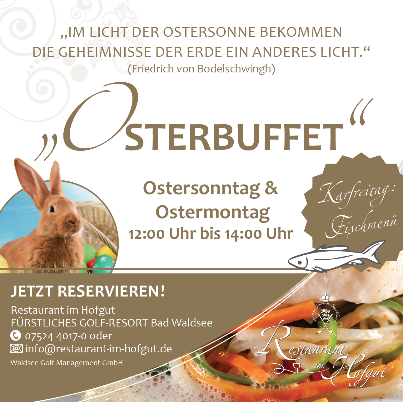Ostern feiern, Osterbuffet, Karfreitag Fischmenü, Fuerstliches Golf-Resort Bad Waldsee