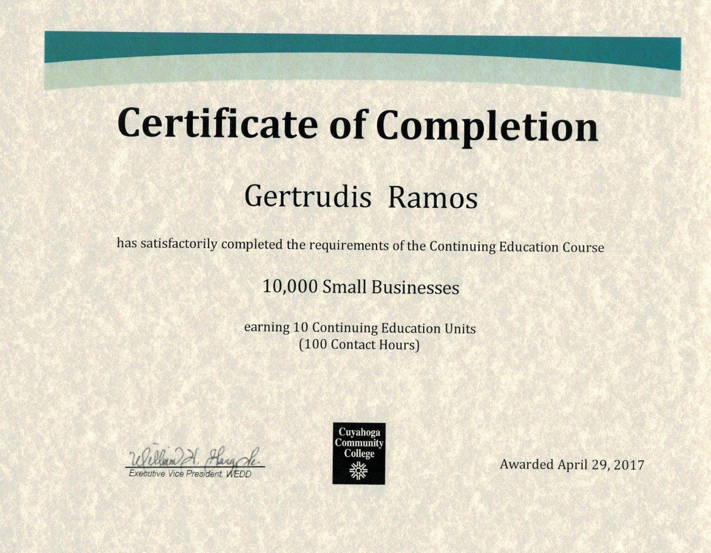 Gertudis Ramos, Continueing Education Course, Certificate of Completion