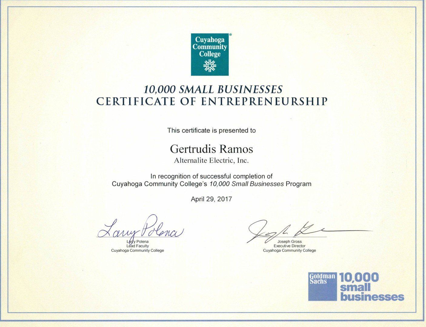 10000 Small Businesses Certificate of Entrepreneurship