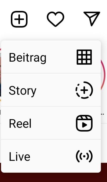 Menü in Instagram, wenn man auf dem Startbildschirm auf das Plus klickt
