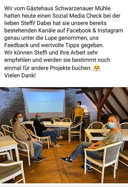 Screenshot von Facebook: positive Bewertung und Bild vom Social Media-Check