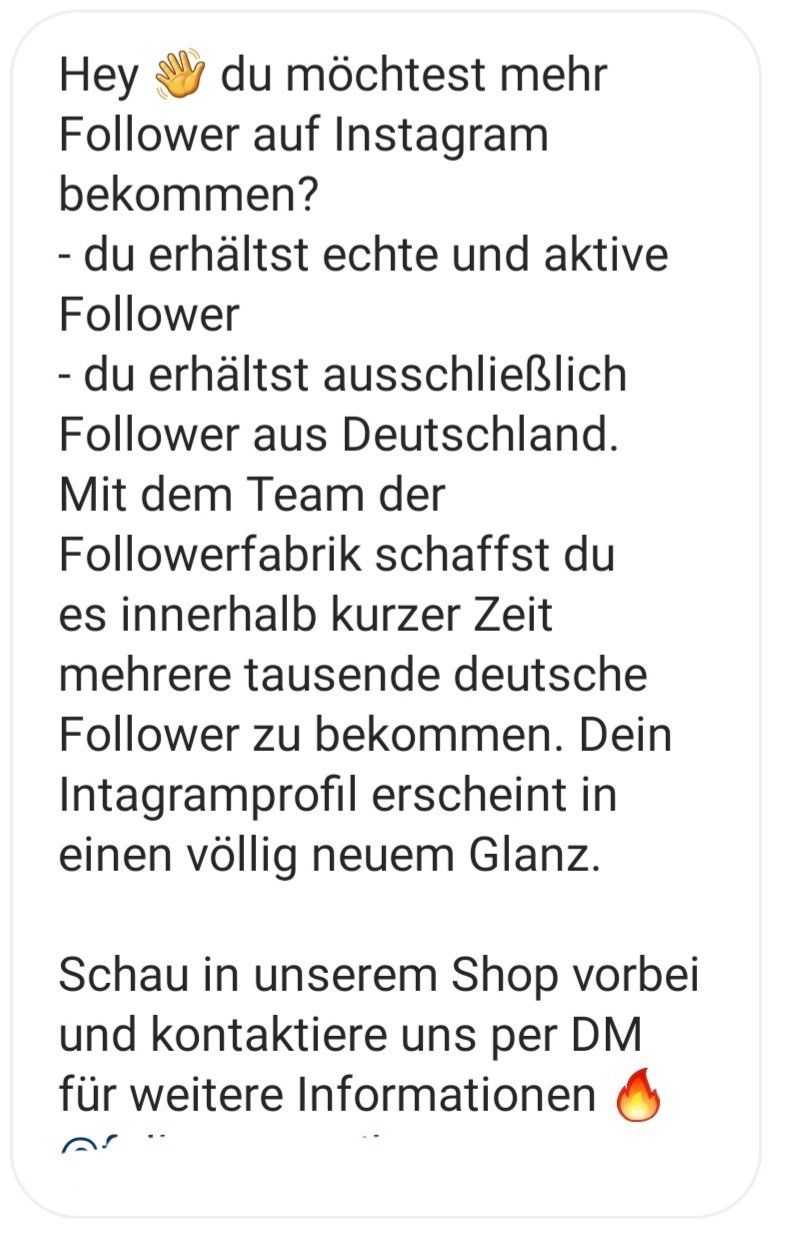 Direct Message bei Instagram, in der angeboten wird, mehr Follower zu kaufen